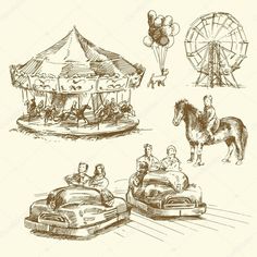 an hand drawn set of amusement park rides and carousels with people riding on them