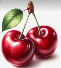 two cherries with green leaves on them