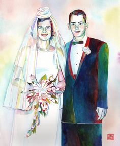 a watercolor painting of a bride and groom standing next to each other in front of a colorful background