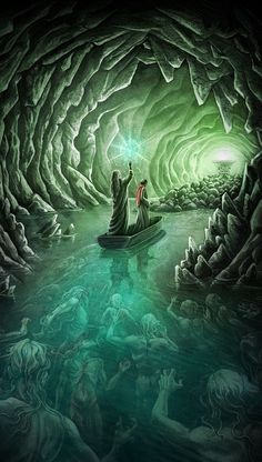 an image of a man and woman in a boat going through a cave with green water