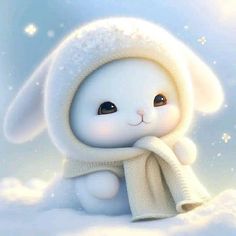 a white rabbit with a scarf around its neck sitting in the snow and looking at the camera