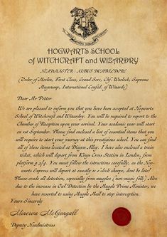 the hogwarti's school letter to harry potter and wizardry