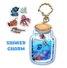 a keychain with an animal sticker on it and the words shaker charm