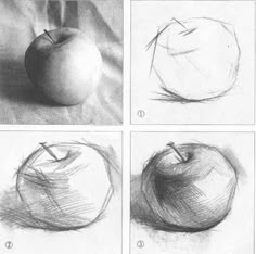 four pictures showing how to draw an apple with pencils in stages and then using the same drawing technique