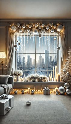 a living room decorated for christmas with candles and ornaments on the windowsill, lights hanging from the ceiling