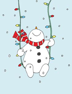 a drawing of a snowman hanging from a tree with christmas lights on it's branches