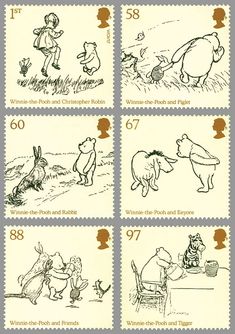 four stamps with winnie the pooh characters on them