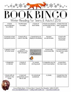 a printable book bingo game with animals and snowflakes on the back ground