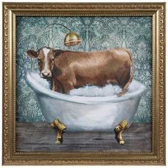 a painting of a cow in a bathtub with a bell on it's head