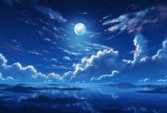 an anime scene with clouds and the moon in the sky above them, as seen from across the water