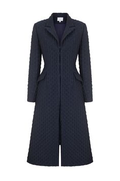 Modern Tux Coat Diamond Cloqué Suzannah London, Blue Clematis, Black Slim Pants, Blue Winter Coat, Navy Blue Coat, Chic Coat, Luxury Dresses, Crisp White Shirt, Vintage Couture