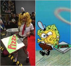 a woman dressed as spongebob and an image of a cartoon character holding a sign