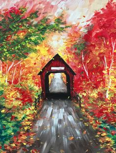 a painting of a covered bridge in the fall