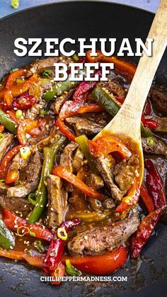 a skillet with beef, peppers and onions in it that has the title overlay