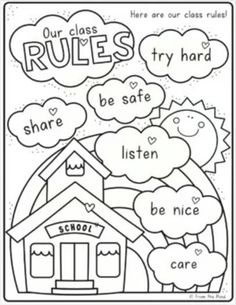 a coloring page with words that say rules and the image of a house in clouds