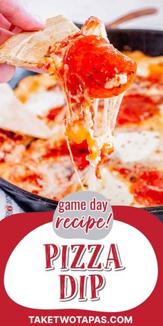 someone is taking a piece of pizza from a pan with the words game day recipe on it