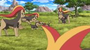 an anime scene with horses and other animals in the grass, one is looking at another horse