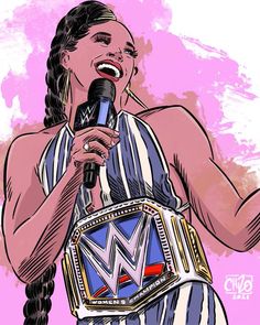 a drawing of a woman holding a microphone and wearing a wrestling ring on her chest