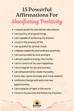 a poster with the words, 15 powerful affirmations for manifesting positivity