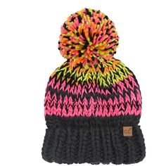 C.C Multi color chunky yarn pom beanie with black base and neon pink accents Chunky Knit Beanie, Apres Ski Style, Beanies For Women, Color Key, Weather Outfits, Yarn Pom Pom, Warm Winter Hats, Christmas Accessories, Winter Hats For Women