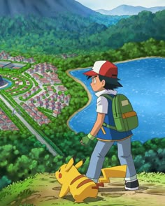 a person with a back pack and a pokemon backpack walking on a hill near a city