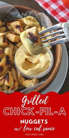 grilled chicken fill - a - la nuggets with condiment sauce in a bowl