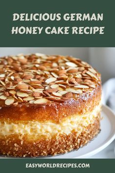 delicious german honey cake recipe on a white plate with the title below that reads delicious german honey cake recipe