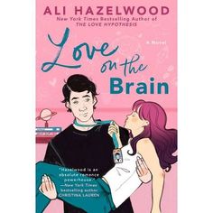 the cover of love on the brain by ali hazelwood, illustrated in pink and blue