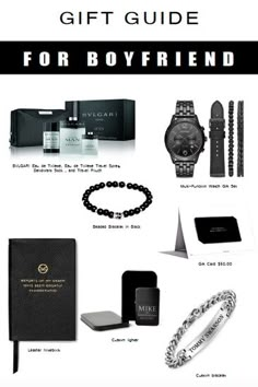 the gift guide for boyfriends is displayed in black and white, including a watch, bracelet