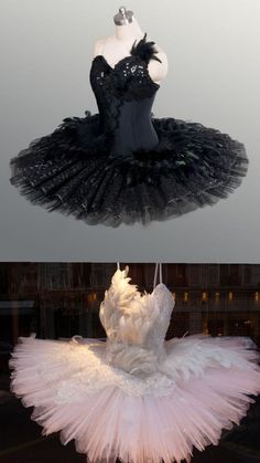 an image of a mannequin dressed in black and white tutu skirt with feathers