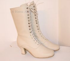 Formal Closed Toe Boots, Fitted Almond Toe Boots With Laces, Cream Fitted Boots With Leather Sole, Formal Lace-up Closed Toe Boots, Formal Lace-up Boots With Closed Toe, Formal Fitted Lace-up Boots With Closed Toe, Victorian Almond Toe Fitted Boots, Fitted Vintage Cream Boots, Low Heel Fitted Wedding Boots