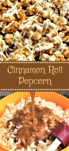 cinnamon roll popcorn is being drizzled with caramel