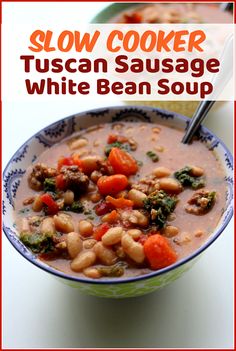 instant pot tuscann sausage white bean soup in a blue and white bowl with a spoon