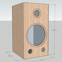 a wooden speaker is shown with measurements for the front and side panels, including two speakers