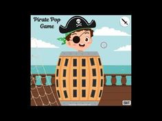 a cartoon character with a pirate hat and eye patch in front of a wooden barrel