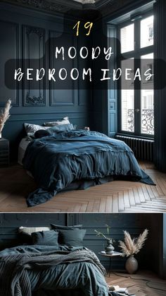 an image of a bedroom with dark blue walls and wood flooring in the room