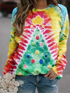 Faster shipping. Better service Tie Dye Christmas, Christmas Tree Print, Long Sleeve Tops Casual, Tie Dye Long Sleeve, Tie And Dye, Collar Pattern, Fabric Collars, Womens Tie, Plus Size Womens Clothing