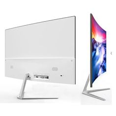 two computer monitors side by side on a white surface