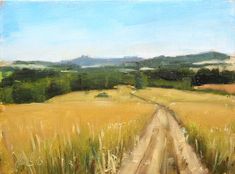 an oil painting of a dirt road in the middle of a wheat field with trees