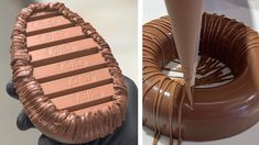 two pictures one has a chocolate cake and the other is a candy bar