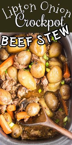 the recipe for this crockpot beef stew is shown in a slow cooker