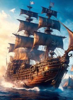 a pirate ship sailing through the ocean