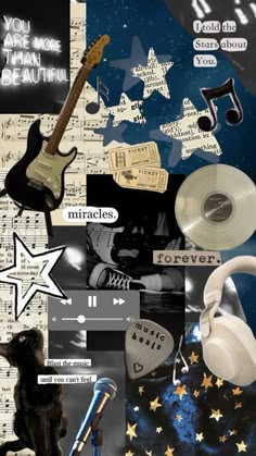 a collage of music related items including an electric guitar, headphones and other things