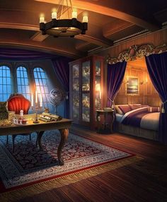 a room with a bed, desk and chandelier