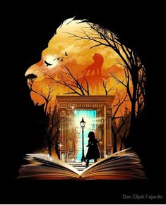 an open book with the silhouette of a person sitting on a bench in front of a lion