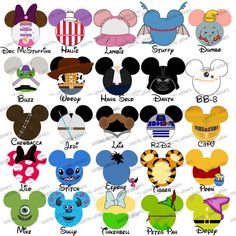 mickey mouse ears and other disney characters with their names on them, all in different colors