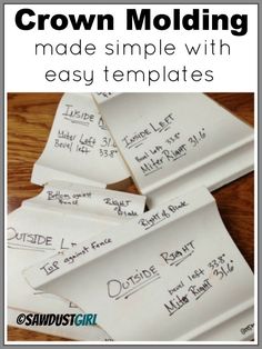 an image of a group of sticky notes with the text crown molding made simple with easy templates