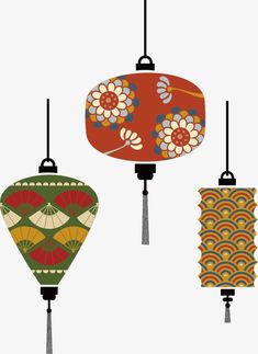 three chinese lanterns hanging from the ceiling in different colors and designs, with flowers on them