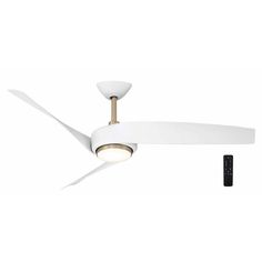 a white ceiling fan with a light on it's side and a remote control