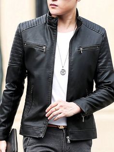 Black  Collar Long Sleeve Woven Fabric Plain  Embellished Non-Stretch  Men Outdoor Apparel Motorcycle Clothes, Distressed Leather Jacket, Mens Outdoor Jackets, Pu Leather Jacket, Men Plus Size, Men's Leather Jacket, Motorcycle Leather, Vintage Mens Fashion